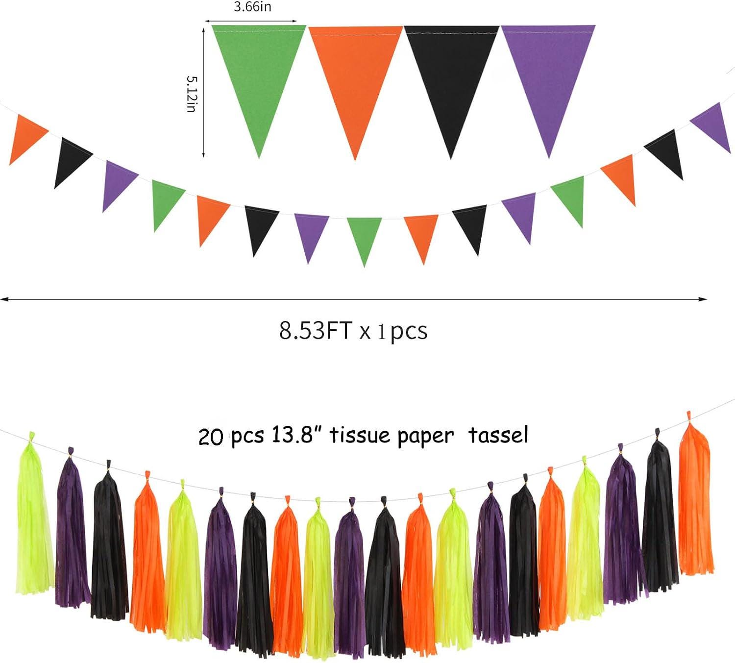 30pc Halloween Party Decorations, Tissue Pom Poms, Tassel Garland, Banner (Black, Purple, Orange, Green)