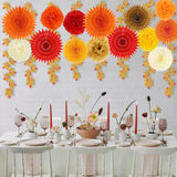 Orange Red Fall Party Decorations, Paper Pom Poms, Fans, Leaves (Thanksgiving Halloween)