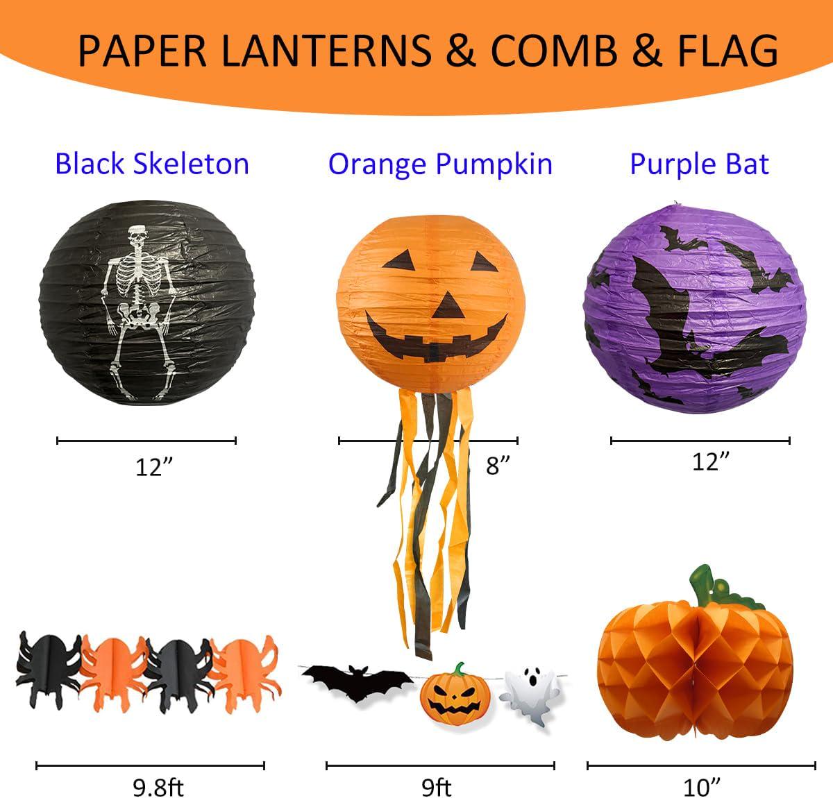12-Piece Halloween Party Decor Kit, Pom Poms, Lanterns, Banners (DIY Assembly)