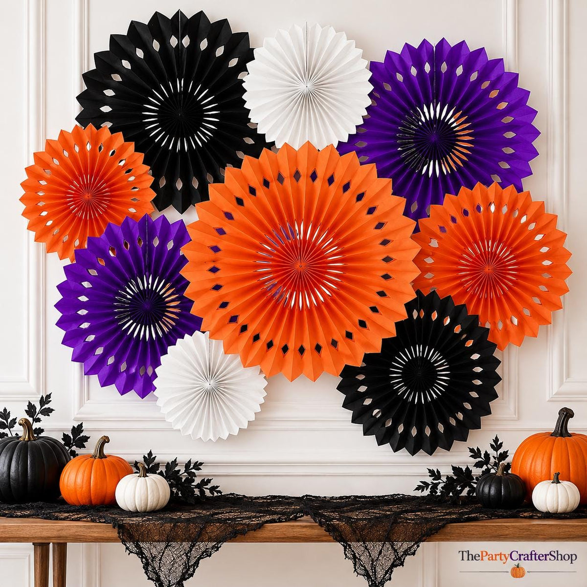 11-Count Halloween Paper Fans, Purple Orange Black White Garland (4 Sizes)