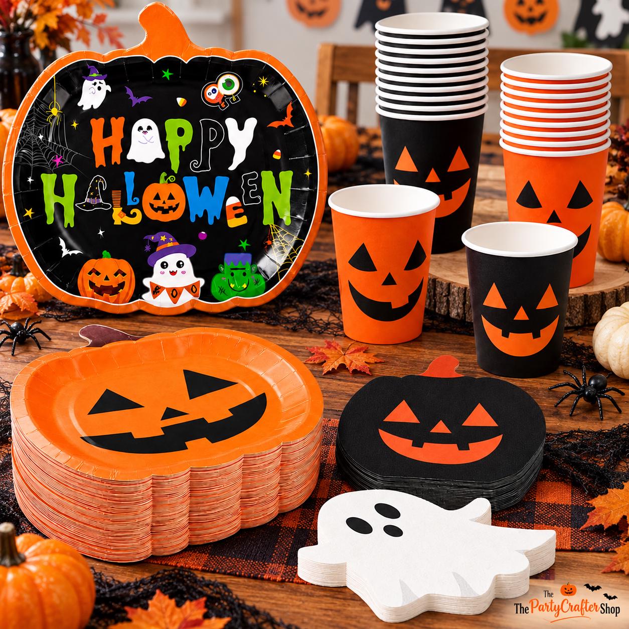 Halloween Party Supplies Set, Pumpkin Plates, Ghost Napkins, Serves 24