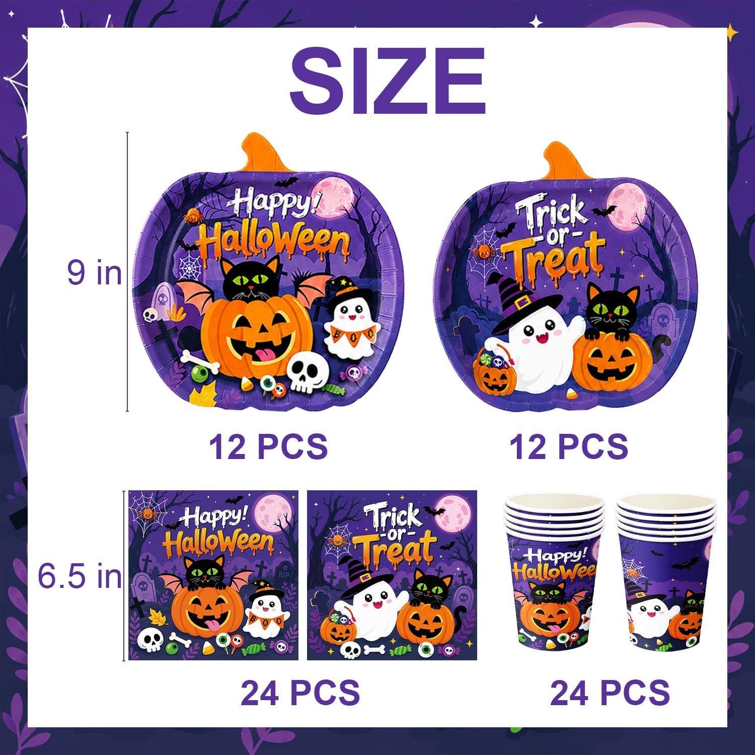 Halloween Party Supplies Kit, Pumpkin Plates, Ghosts, Bats, Skulls (Serves 24)