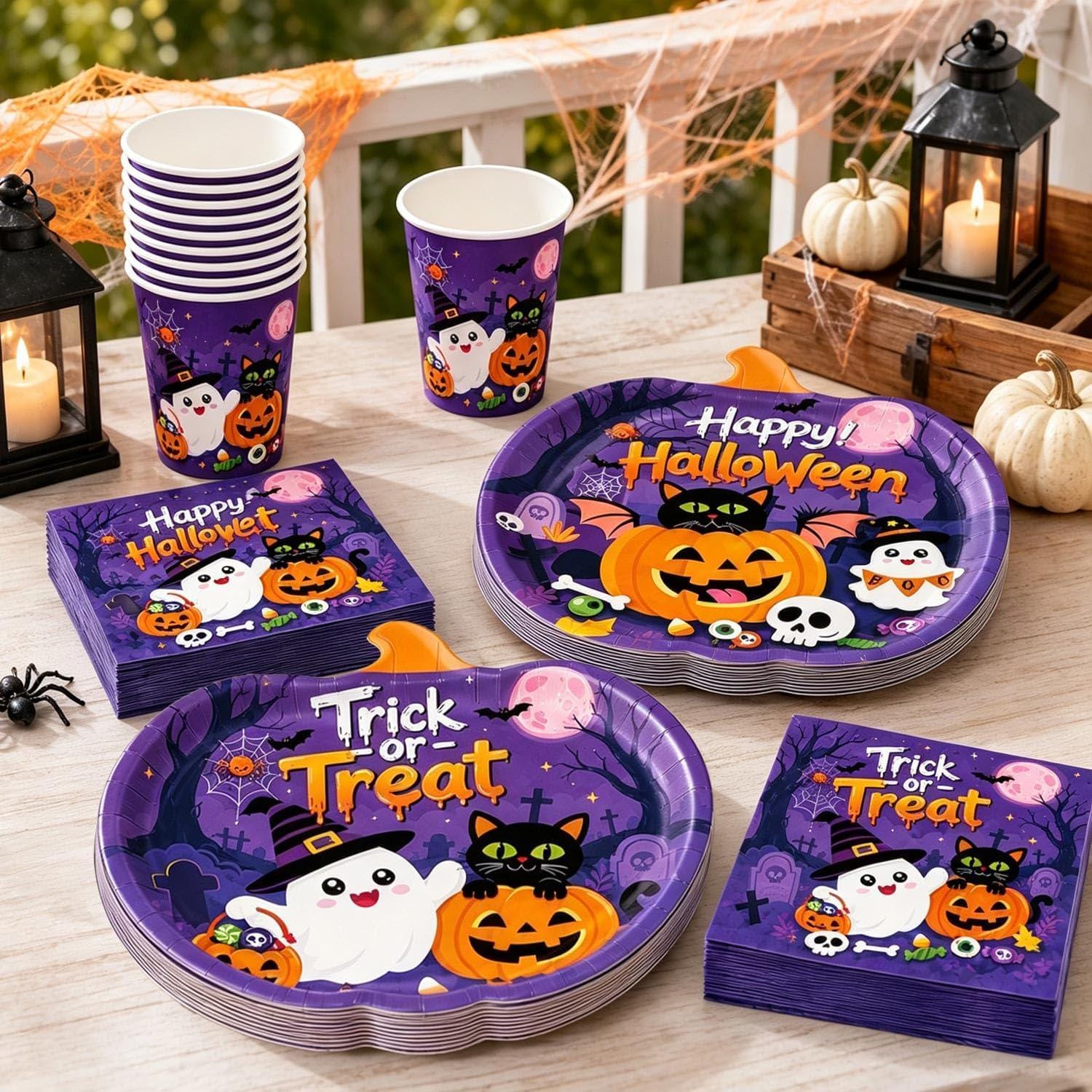 Halloween Party Supplies Kit, Pumpkin Plates, Ghosts, Bats, Skulls (Serves 24)