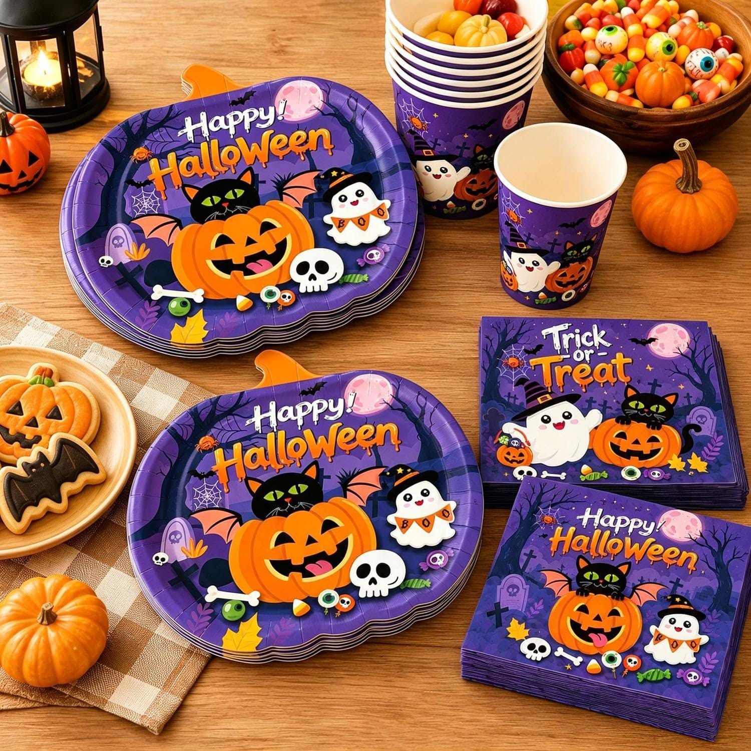 Halloween Party Supplies Kit, Pumpkin Plates, Ghosts, Bats, Skulls (Serves 24)