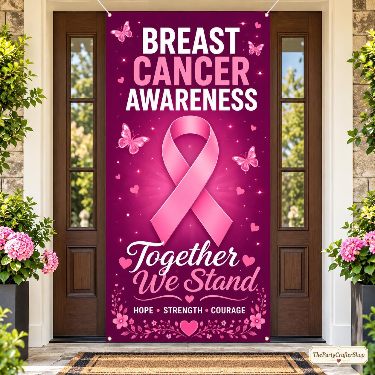 Breast Cancer Awareness Door Banner, Pink Ribbon Polyester, 71x35 Inch (October Fundraiser Decor)