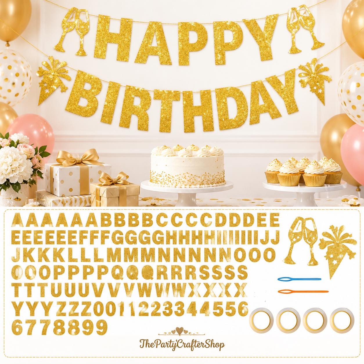 DIY Gold Glitter Letter Banner Kit, Personalized Party Decor (129 Pieces)