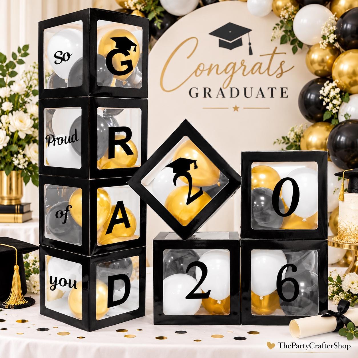 2026 Graduation Balloon Boxes, Black White Gold Party Decor (4 Boxes)