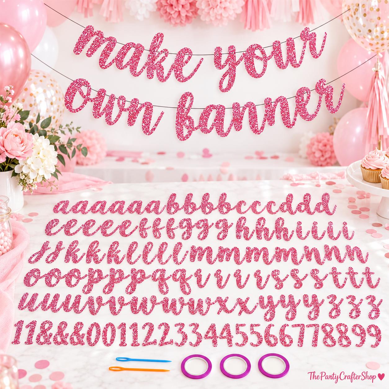 DIY Glitter Pink Letter Banner Kit, A-Z Custom Party Decor (111 Pieces)