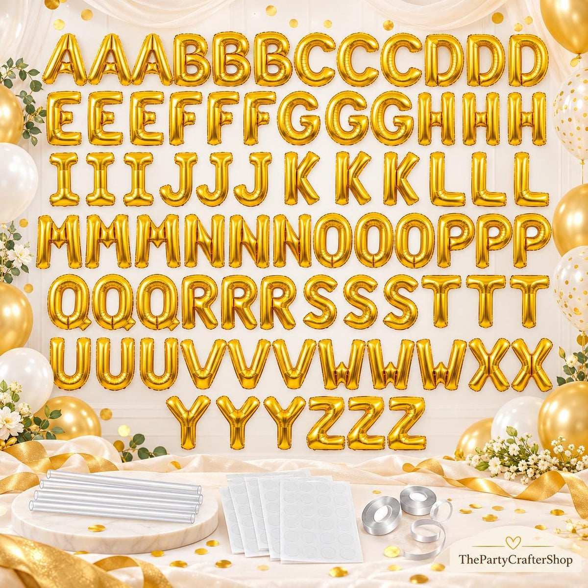 98 Piece Gold Letter Balloon Set, Metallic Foil Alphabet with Ribbons and Straws