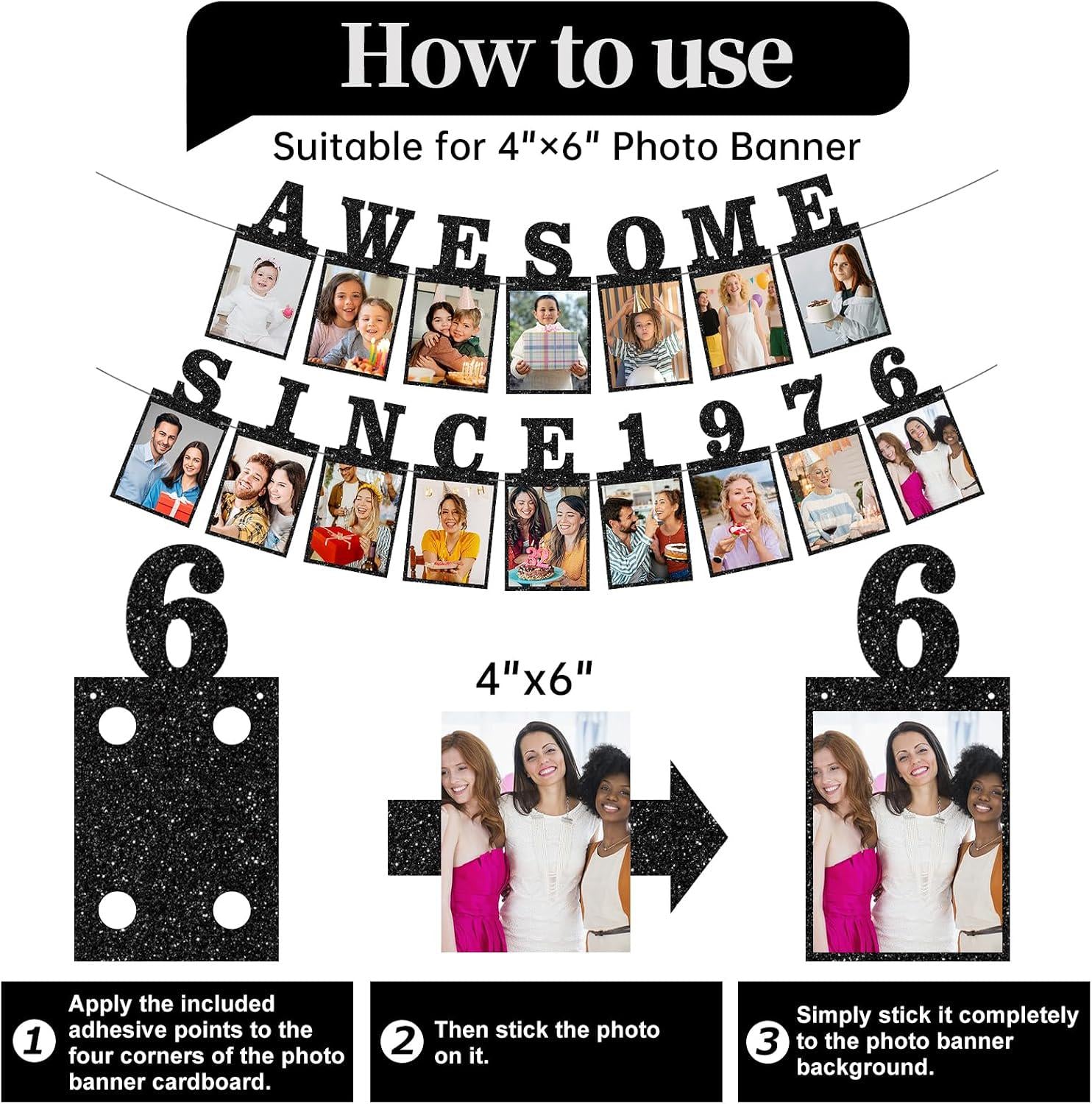 Pre-Strung Photo Banner: 50th Birthday, Black Glitter Cardstock, Indoor Outdoor