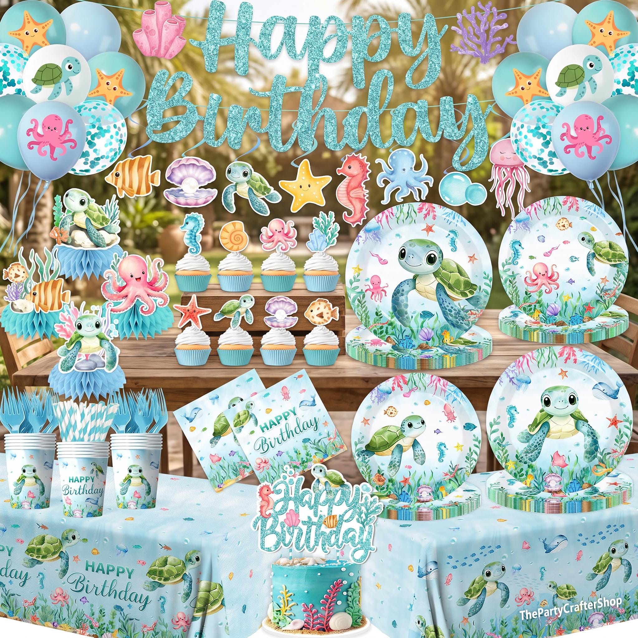 Ocean Turtle Party Set: Happy Birthday Banner, Tablecloths, Disposable Tableware