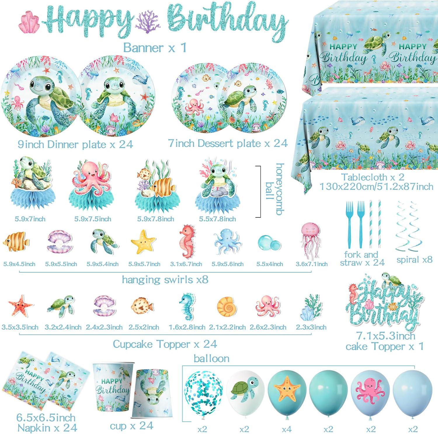 Ocean Turtle Party Set: Happy Birthday Banner, Tablecloths, Disposable Tableware