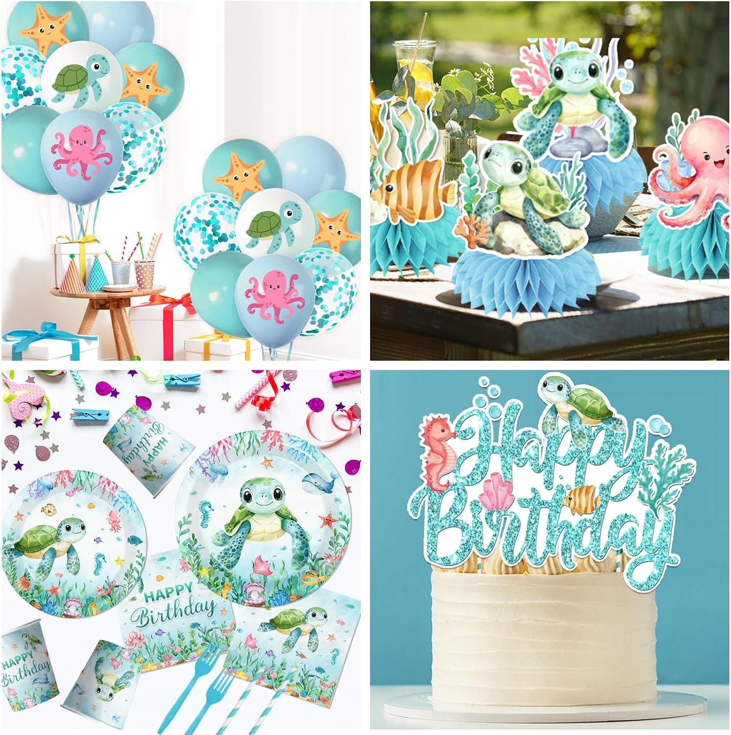 Ocean Turtle Party Set: Happy Birthday Banner, Tablecloths, Disposable Tableware