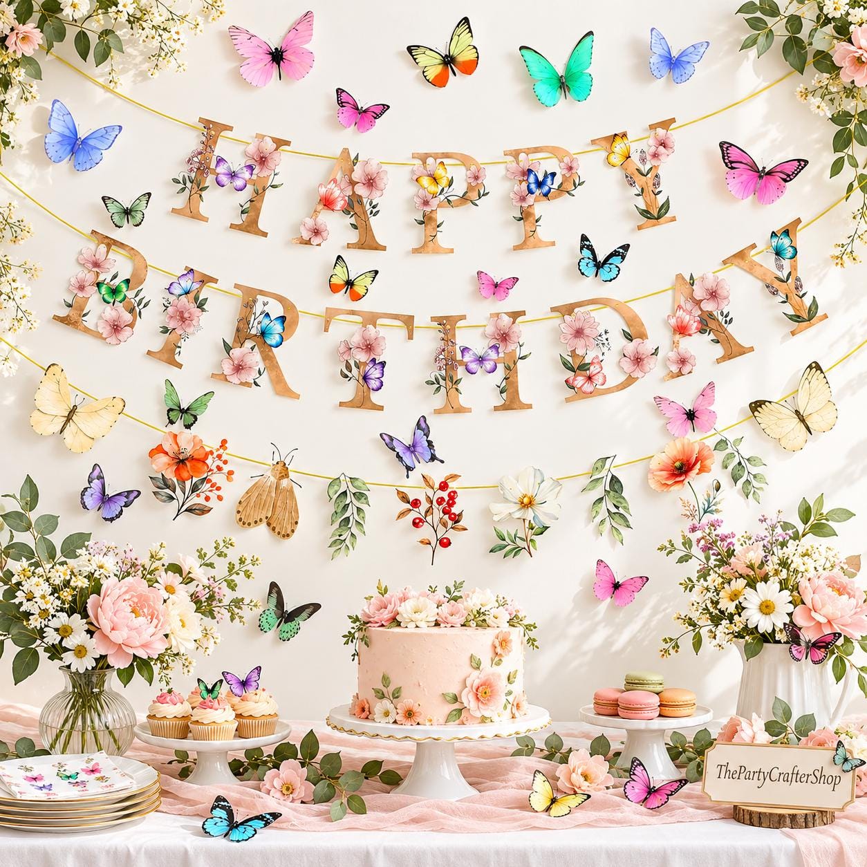 Floral Party Backdrop: Wildflower Happy Birthday Banner with Butterfly Accents (2.56 Feet)