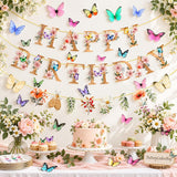 Floral Party Backdrop: Wildflower Happy Birthday Banner with Butterfly Accents (2.56 Feet)