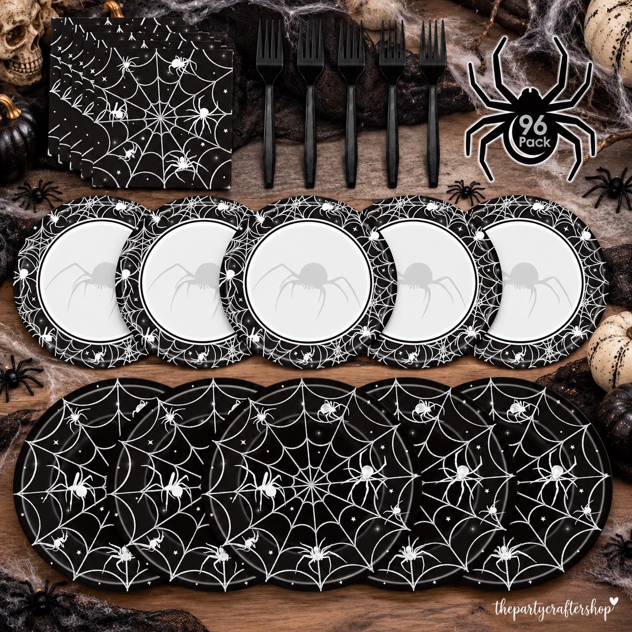 Spooky Halloween Table Setting: 96-Piece Disposable Partyware, Black Spider Web Design, Thick Paper