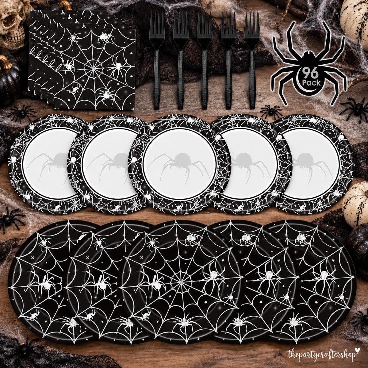 Spooky Halloween Table Setting: 96-Piece Disposable Partyware, Black Spider Web Design, Thick Paper