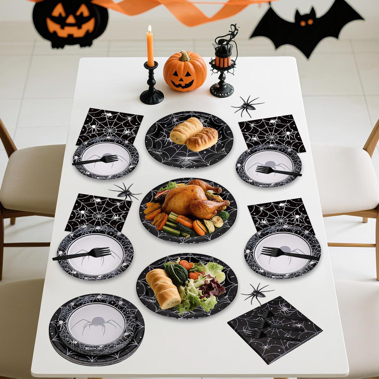 Spooky Halloween Table Setting: 96-Piece Disposable Partyware, Black Spider Web Design, Thick Paper