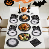 Spooky Halloween Table Setting: 96-Piece Disposable Partyware, Black Spider Web Design, Thick Paper