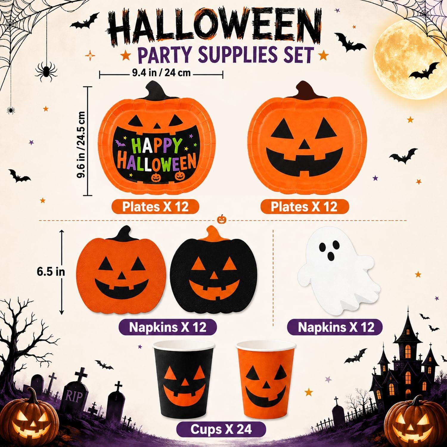 Halloween Party Supplies: 24 Pumpkin Plates, 24 Cups, 12 Ghost Napkins (Paper)