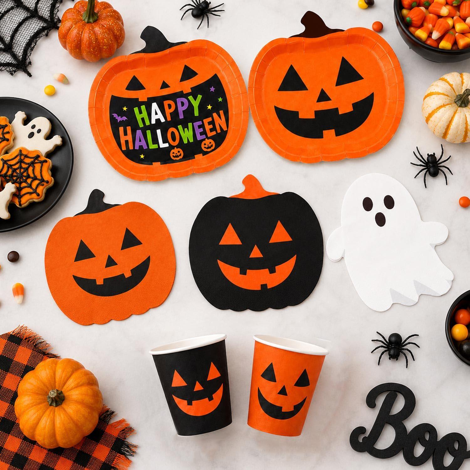 Halloween Party Supplies: 24 Pumpkin Plates, 24 Cups, 12 Ghost Napkins (Paper)