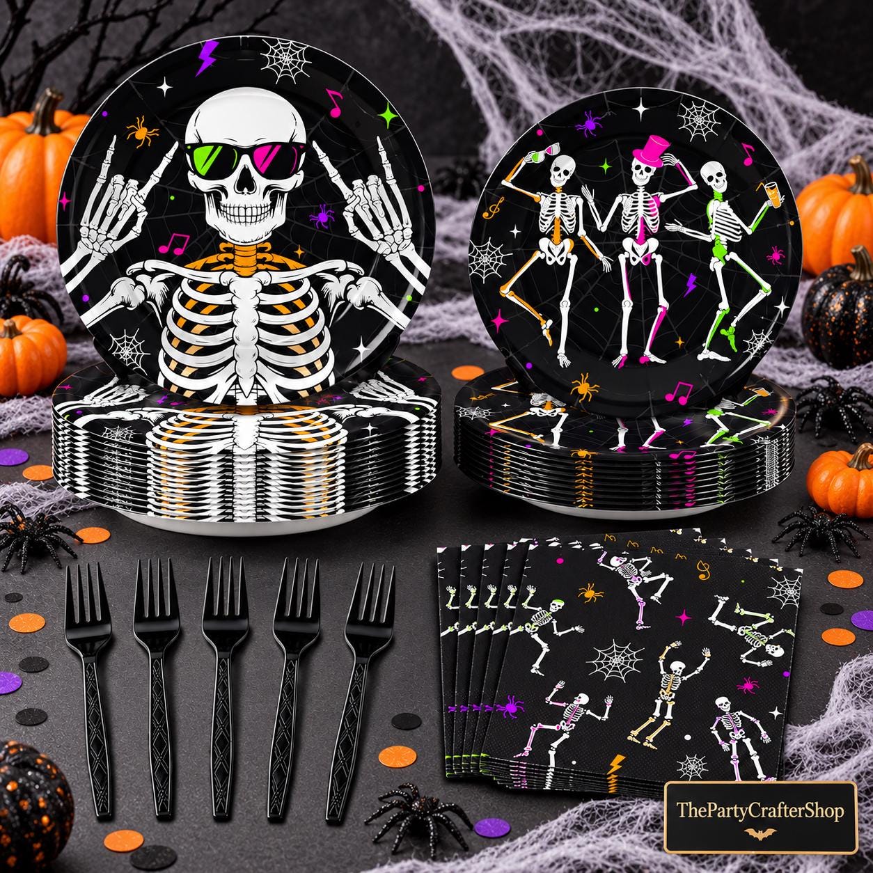 96-Piece Halloween Partyware Set, Dancing Skeleton Paper Plates Napkins Forks