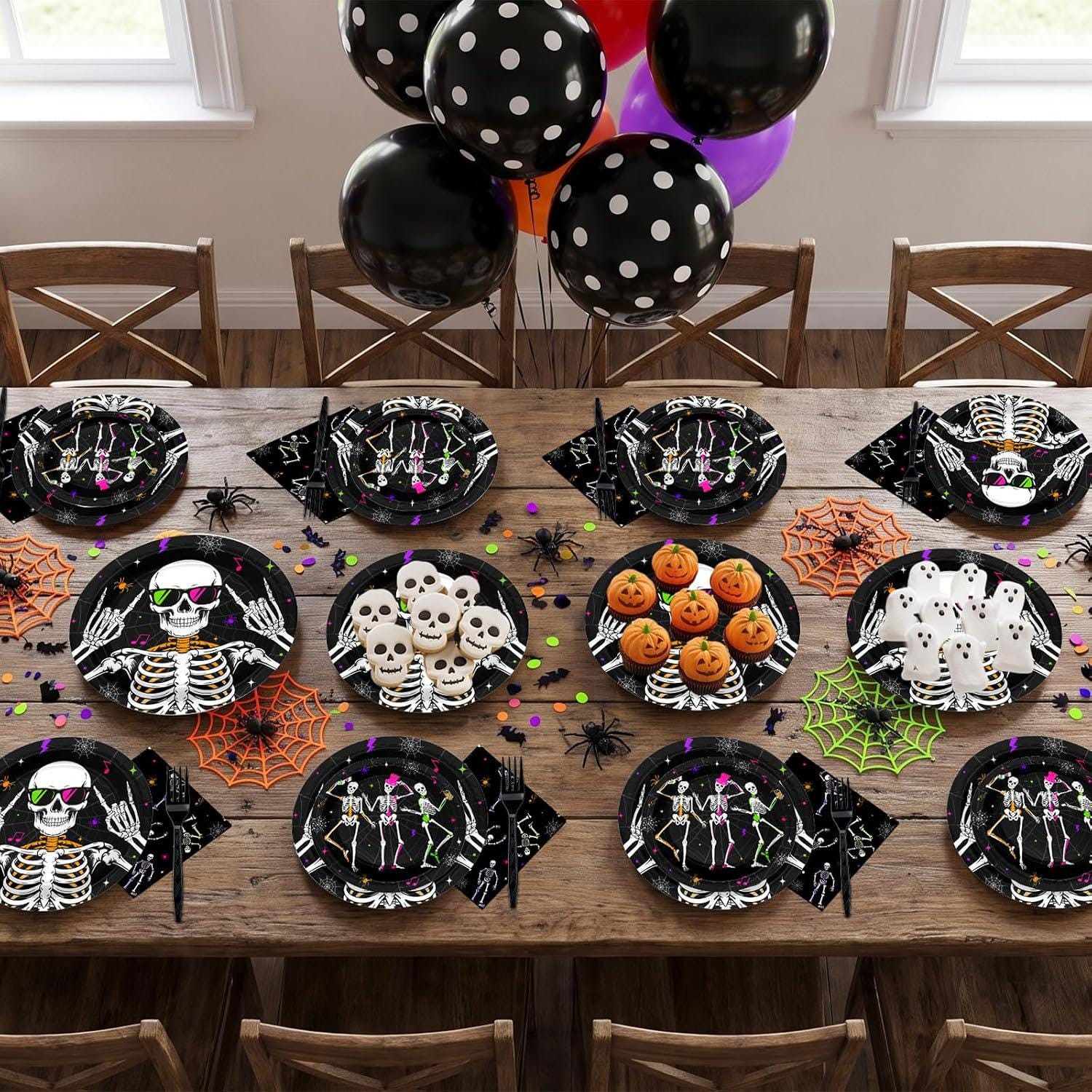 96-Piece Halloween Partyware Set, Dancing Skeleton Paper Plates Napkins Forks