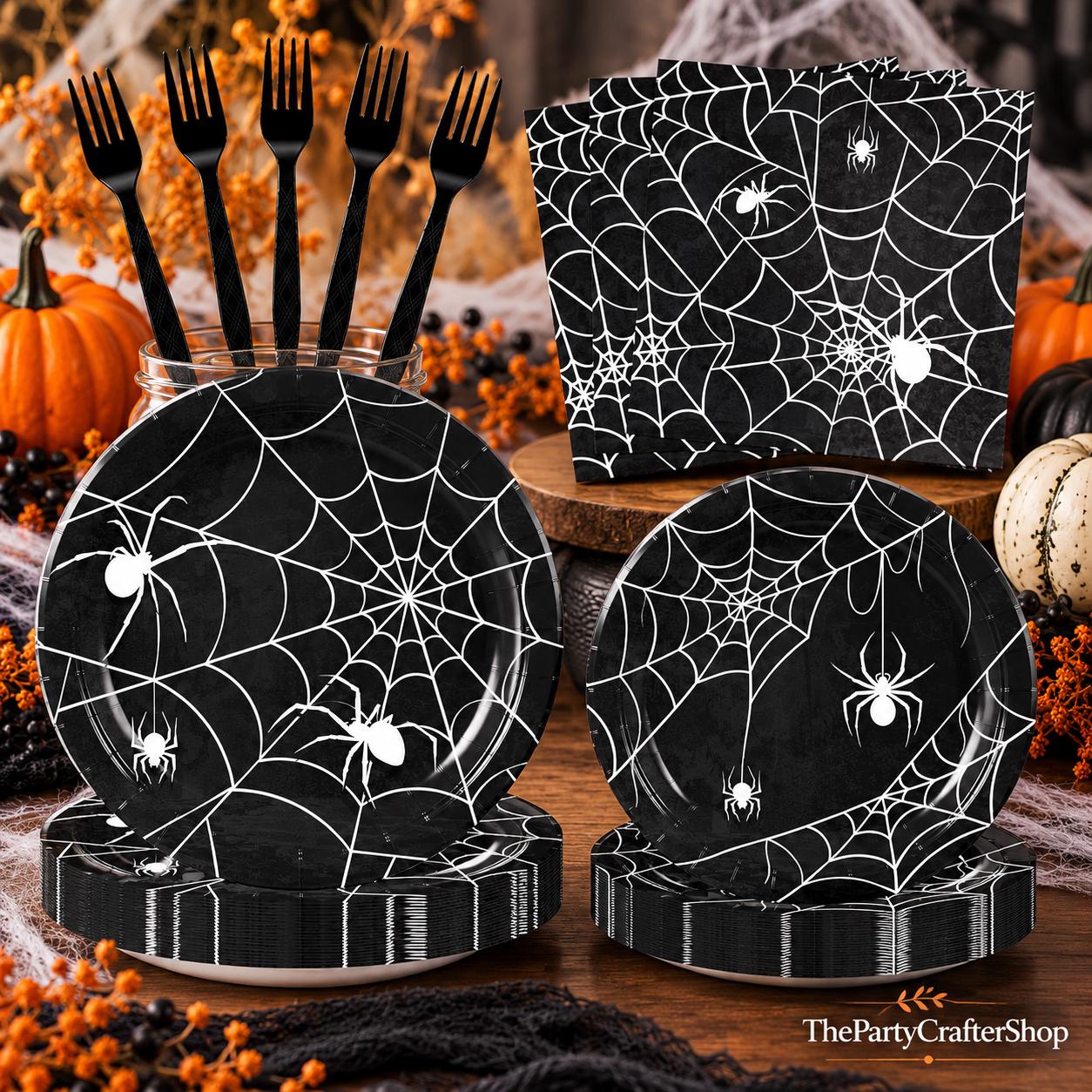 100 Piece Disposable Spider Web Partyware Set, Black Paper Plates Napkins Forks
