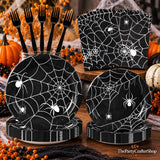 100 Piece Disposable Spider Web Partyware Set, Black Paper Plates Napkins Forks