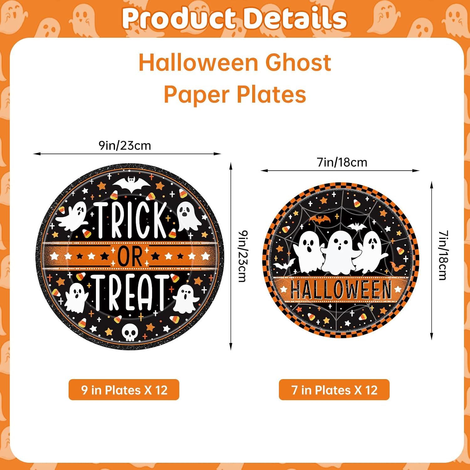 Trick or Treat Halloween Plates: 24-Pack Thick Paper, Ghosts Bats Spiders Webs