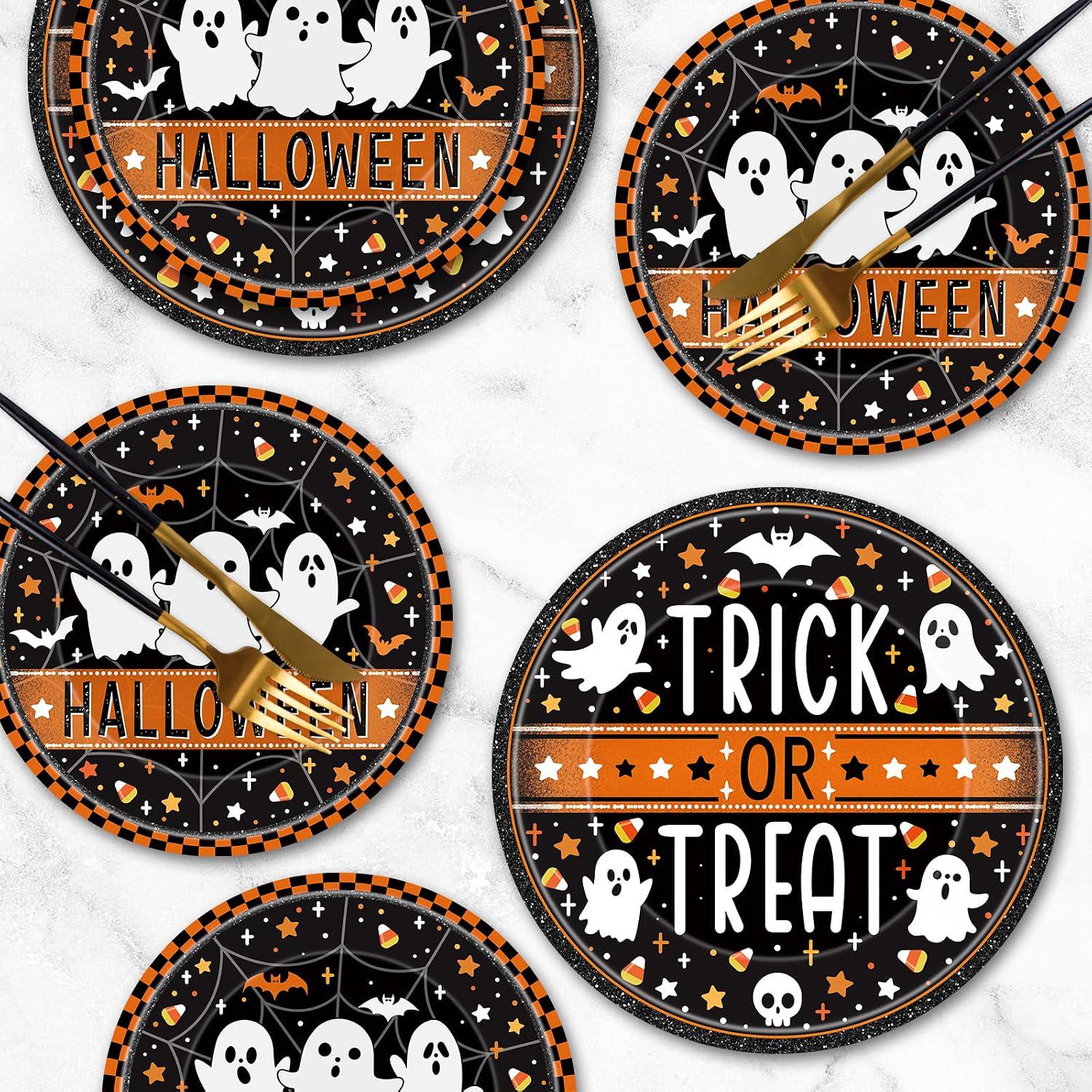Trick or Treat Halloween Plates: 24-Pack Thick Paper, Ghosts Bats Spiders Webs