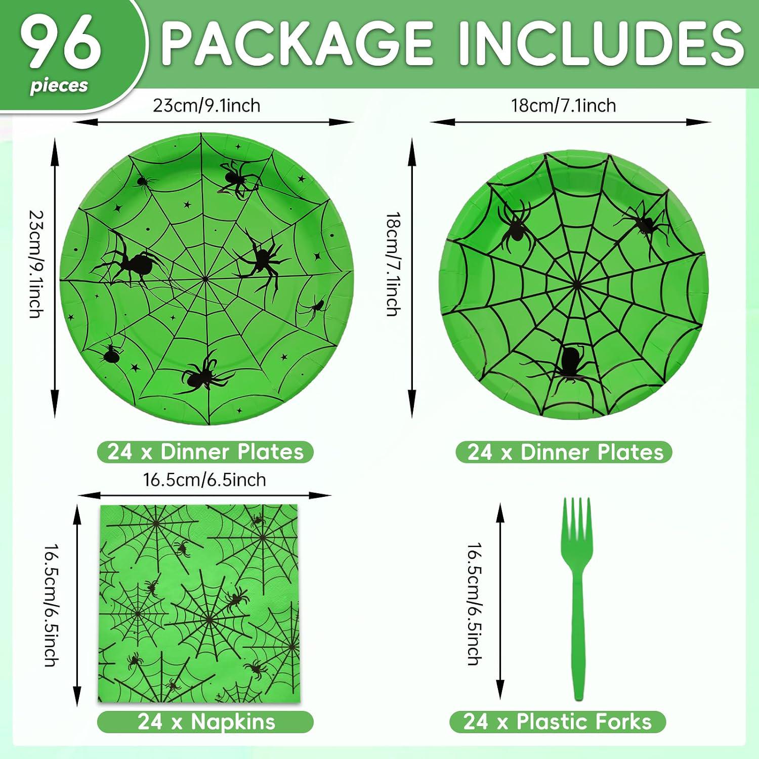 Disposable Halloween Party Set: 24 Guests, Green Spider Web Plates, Napkins, Forks