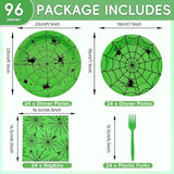 Disposable Halloween Party Set: 24 Guests, Green Spider Web Plates, Napkins, Forks