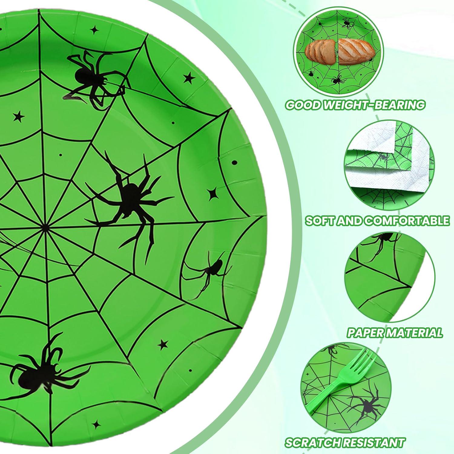 Disposable Halloween Party Set: 24 Guests, Green Spider Web Plates, Napkins, Forks