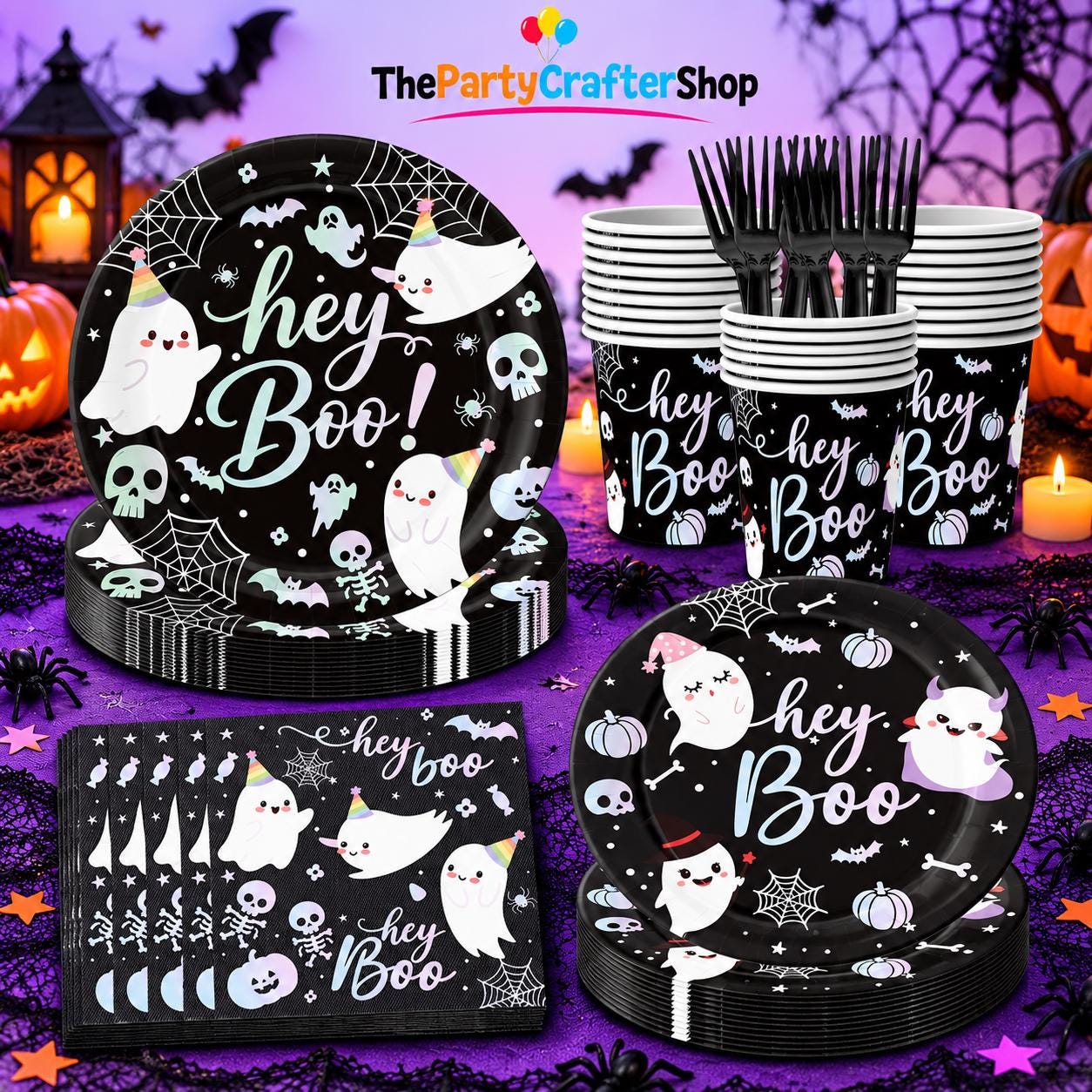 Disposable Hey Boo Table Setting: Black Paper Plates, Printed Napkins, Plastic Forks, Cups