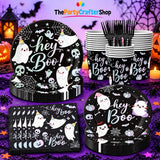 Disposable Hey Boo Table Setting: Black Paper Plates, Printed Napkins, Plastic Forks, Cups