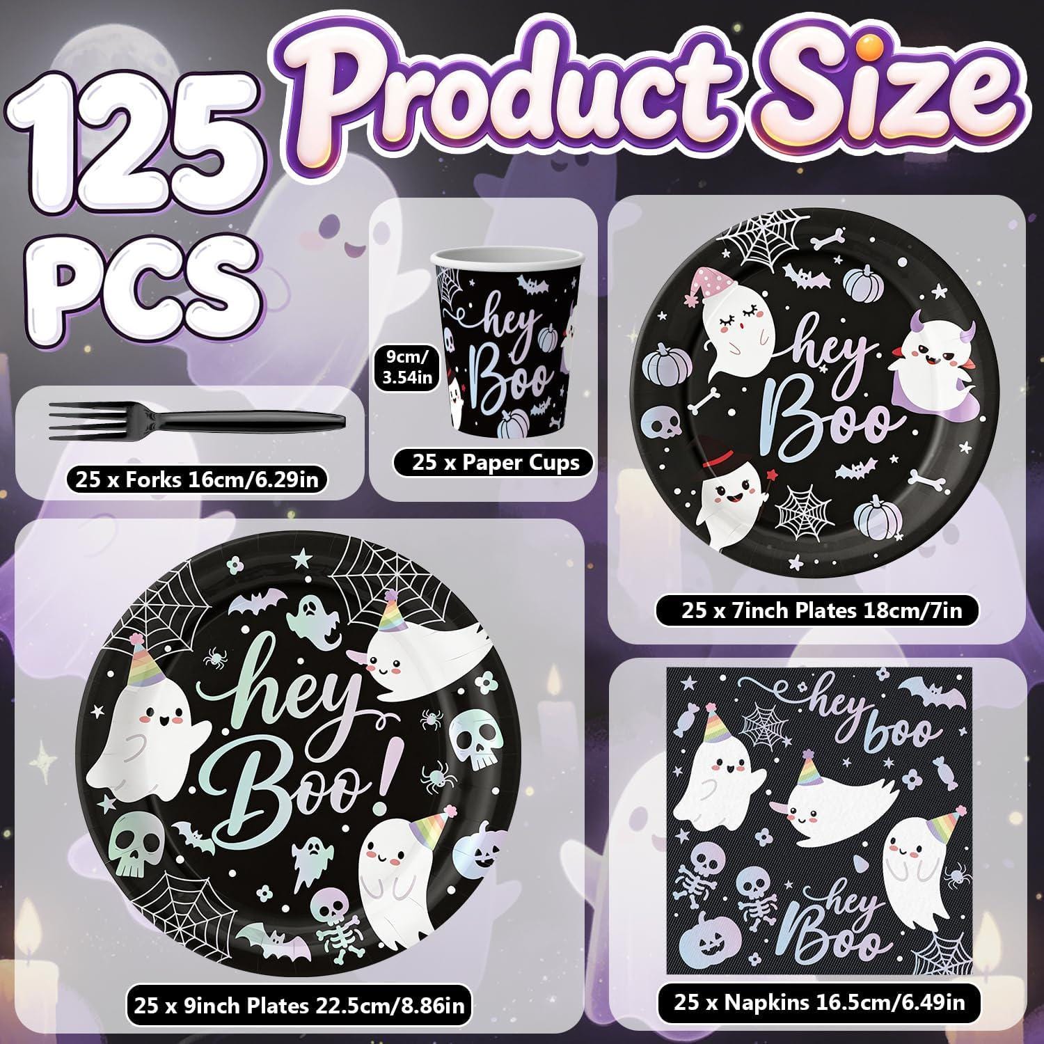 Disposable Hey Boo Table Setting: Black Paper Plates, Printed Napkins, Plastic Forks, Cups