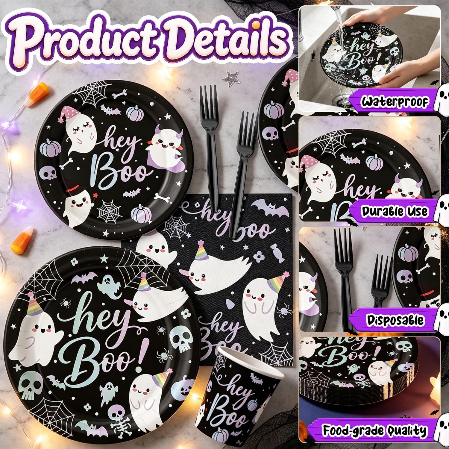 Disposable Hey Boo Table Setting: Black Paper Plates, Printed Napkins, Plastic Forks, Cups