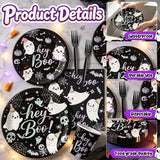 Disposable Hey Boo Table Setting: Black Paper Plates, Printed Napkins, Plastic Forks, Cups