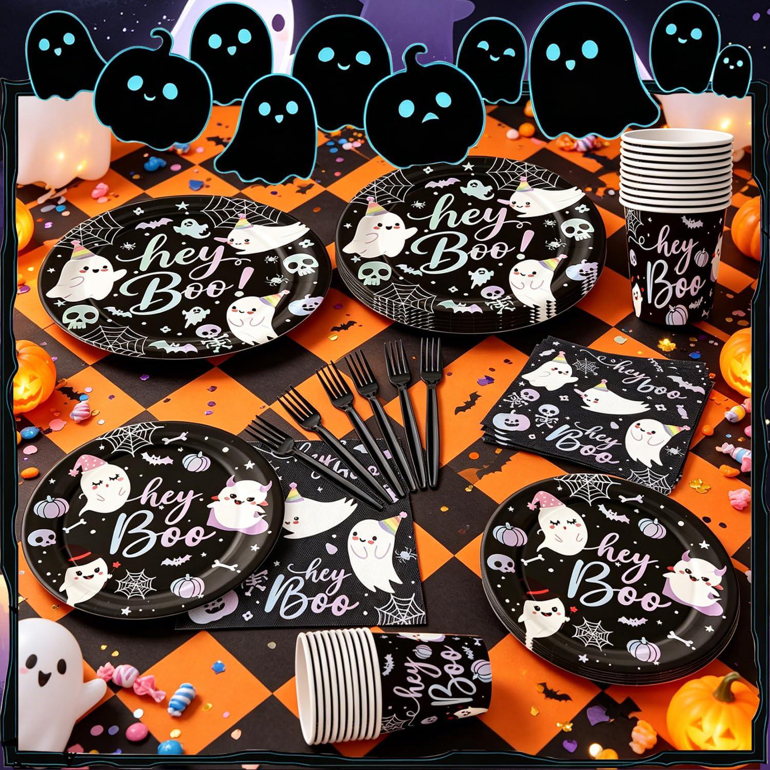 Disposable Hey Boo Table Setting: Black Paper Plates, Printed Napkins, Plastic Forks, Cups