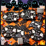 Disposable Hey Boo Table Setting: Black Paper Plates, Printed Napkins, Plastic Forks, Cups