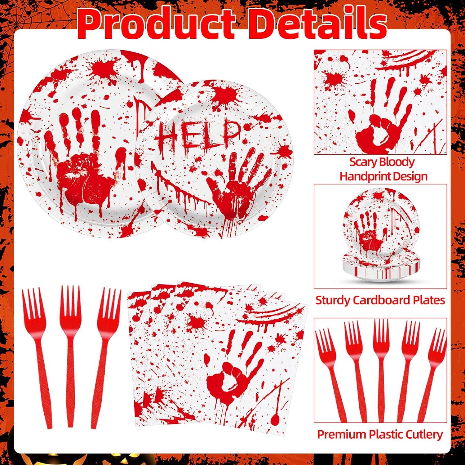 Halloween Party Supplies: Bloody Handprint Dinner Plates, Red Plastic Forks, 100-Piece Disposable Tableware Set