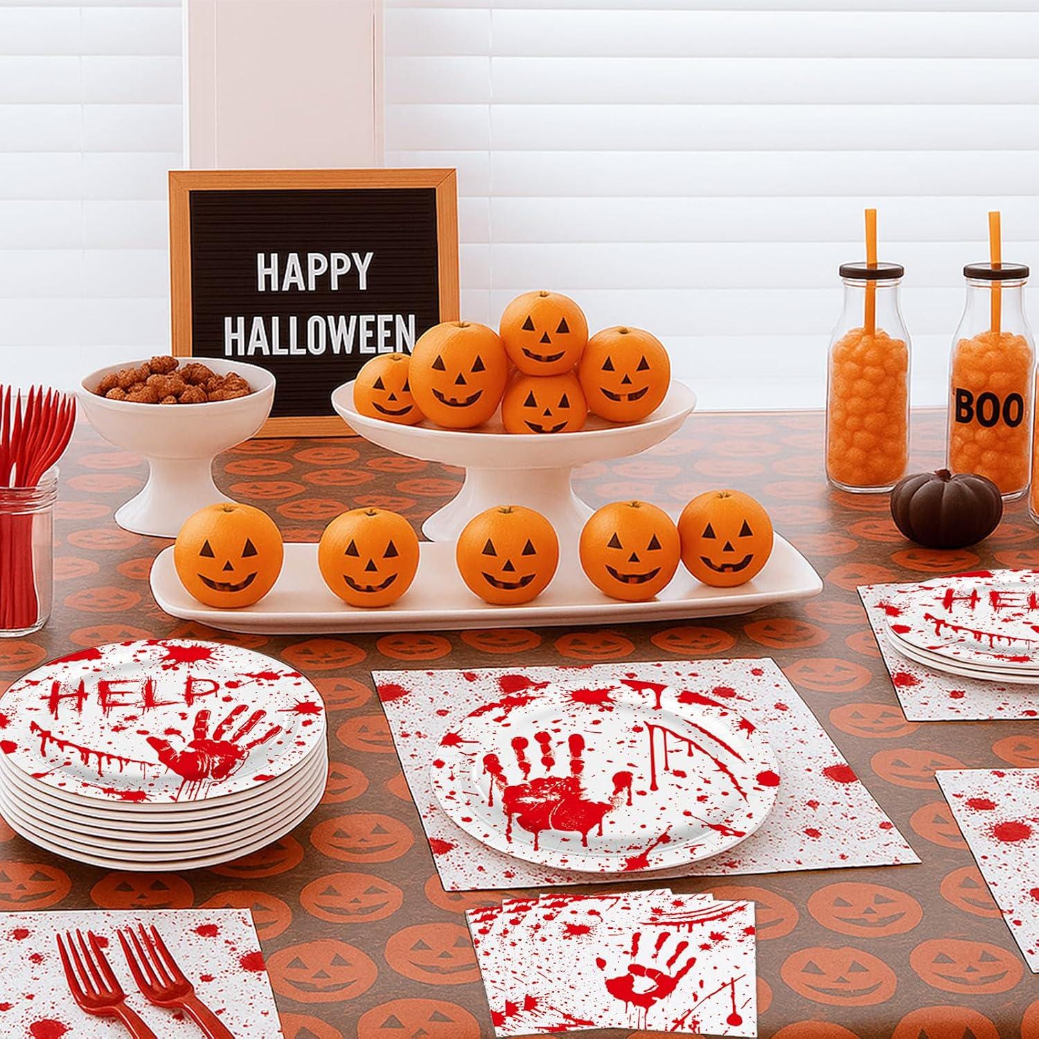 Halloween Party Supplies: Bloody Handprint Dinner Plates, Red Plastic Forks, 100-Piece Disposable Tableware Set