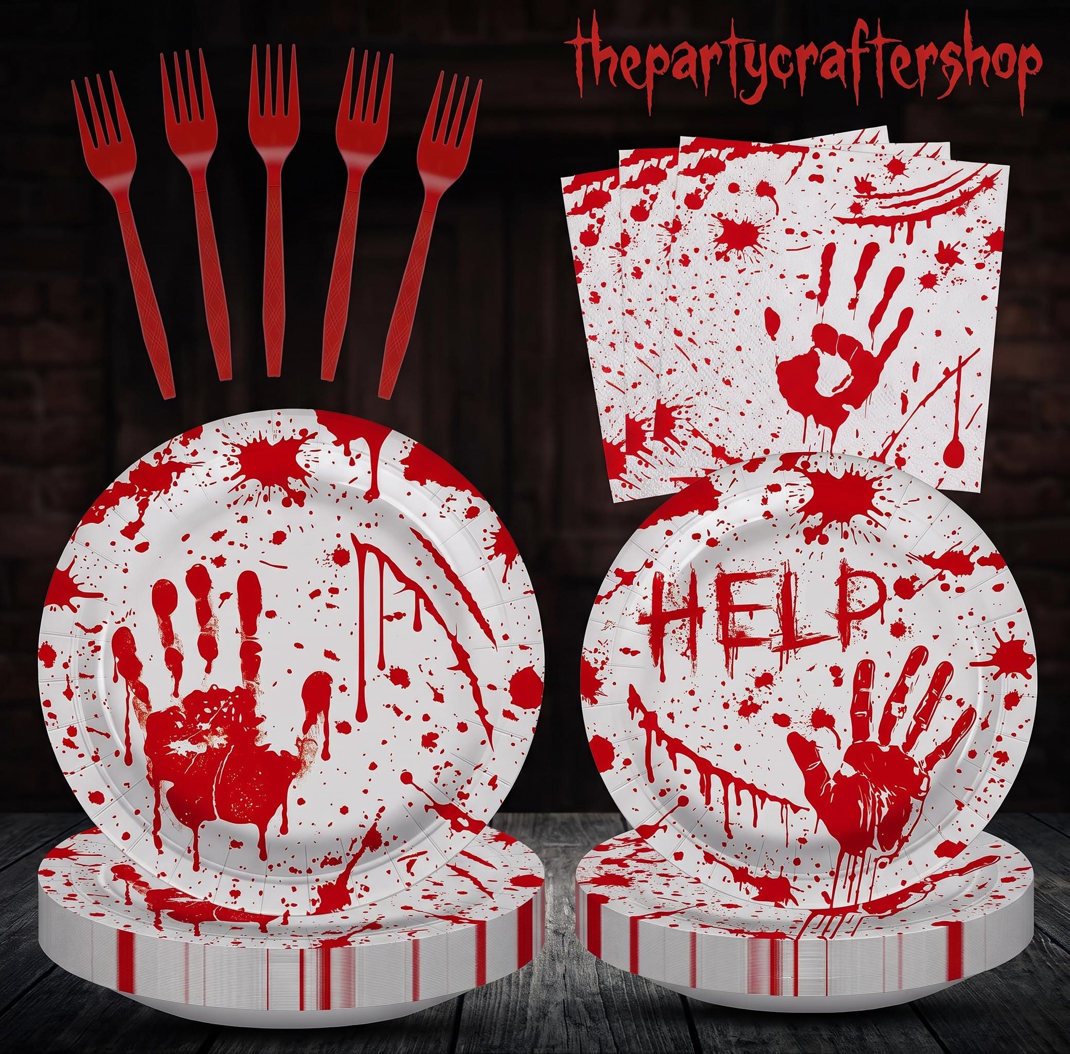 Halloween Party Supplies: Bloody Handprint Dinner Plates, Red Plastic Forks, 100-Piece Disposable Tableware Set