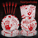 Halloween Party Supplies: Bloody Handprint Dinner Plates, Red Plastic Forks, 100-Piece Disposable Tableware Set