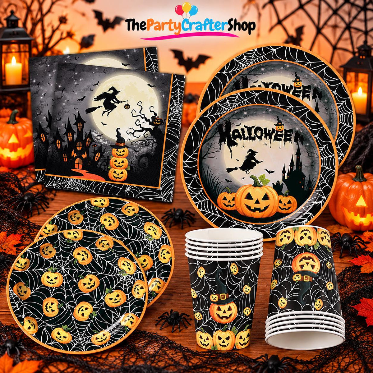 Disposable Halloween Party Supplies: 9-Inch Plates, 7-Inch Plates, Cups, Napkins