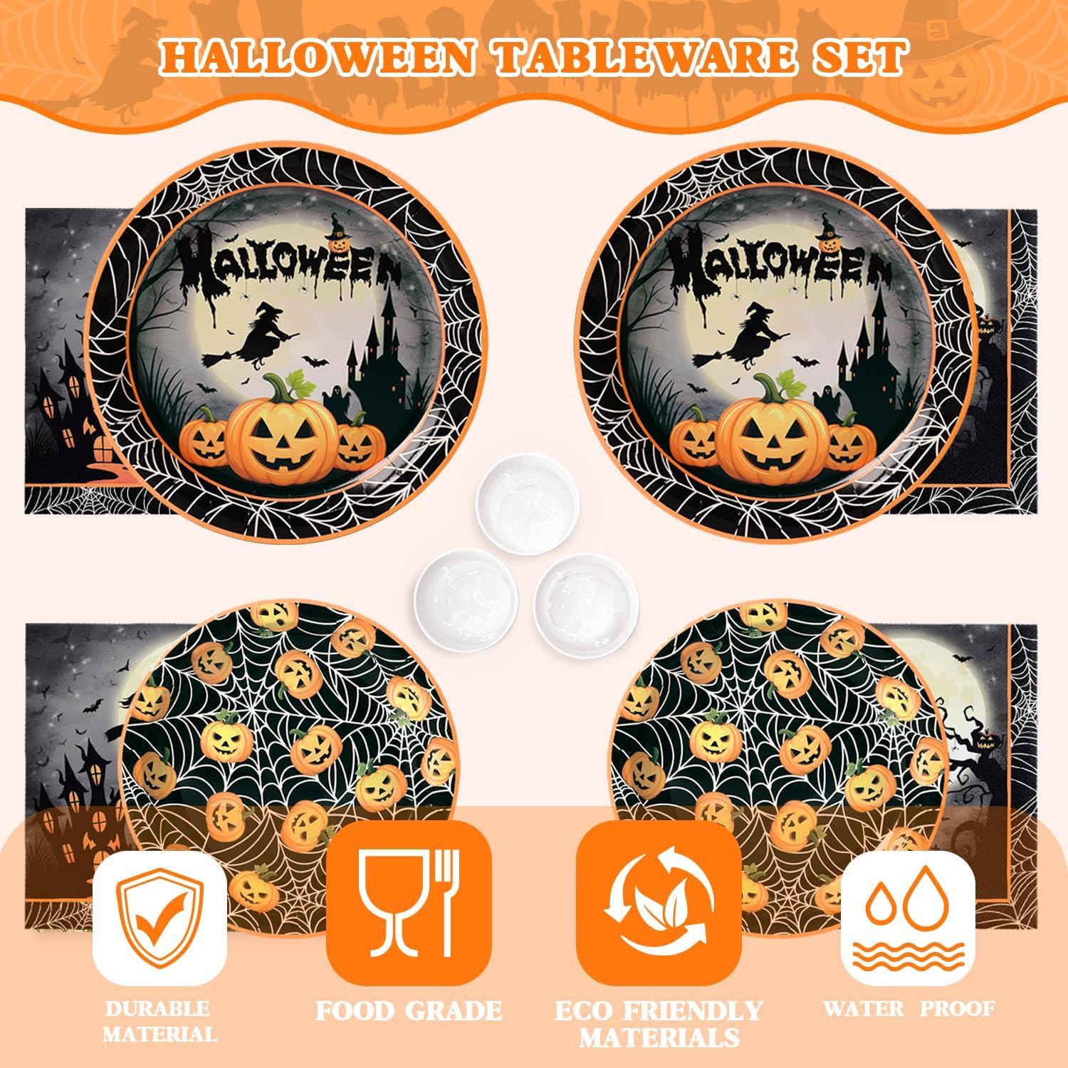 Disposable Halloween Party Supplies: 9-Inch Plates, 7-Inch Plates, Cups, Napkins
