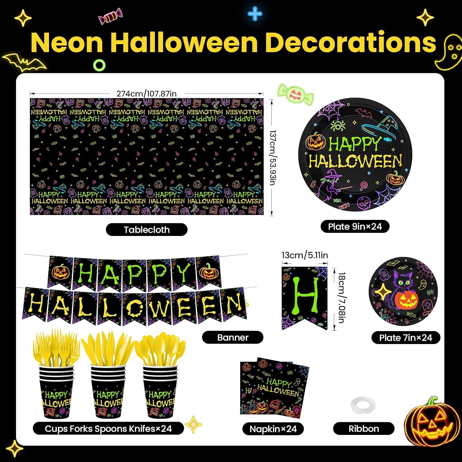 Halloween Party Set: Neon Plates, 24 Napkins, Forks, Banner