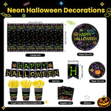 Halloween Party Set: Neon Plates, 24 Napkins, Forks, Banner