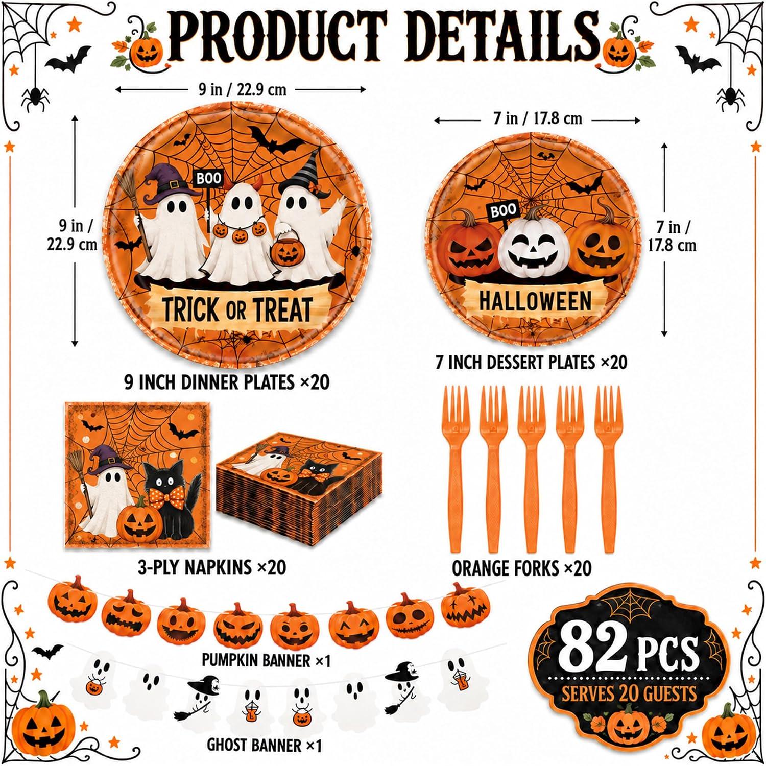 82-Piece Halloween Party Set: 20 Plates, Napkins, Forks, Banners (Orange Black Cream)